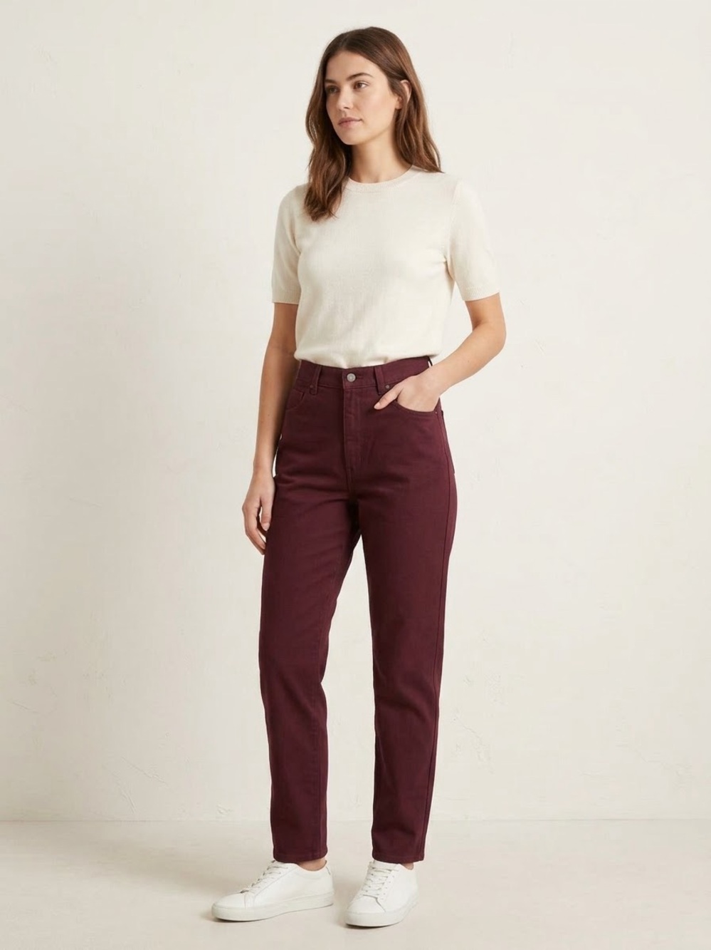 High-Rise Straight Jeans in Deep Burgundy